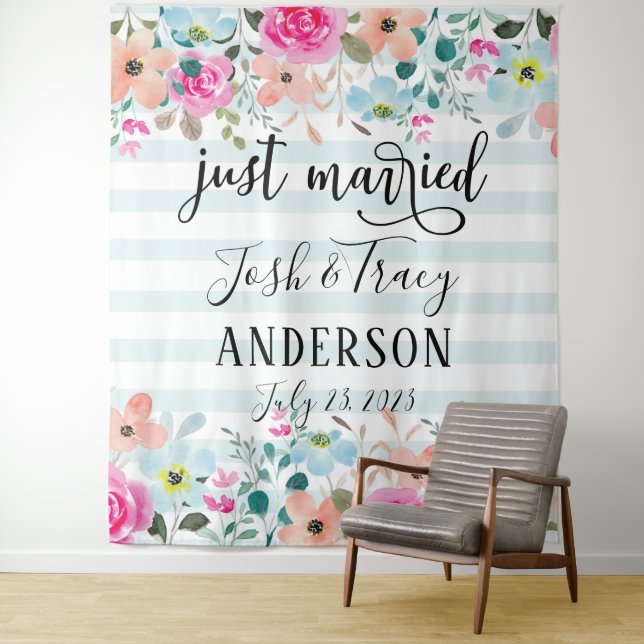 Mint Flower Just Married Announcement Tapestry (In Situ)