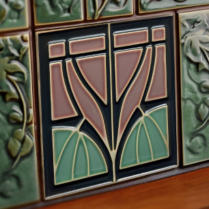 Mint Flower Mid-Century Symmetry Arts and Crafts Ceramic Tile