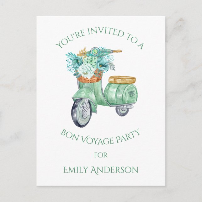 Mint Flowers and Scooter Bon Voyage Party Invitation Postcard (Front)
