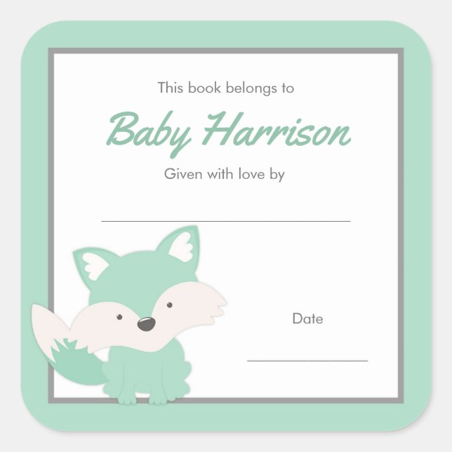 Mint Fox Baby Shower Bookplate, neutral gender Square Sticker (Front)
