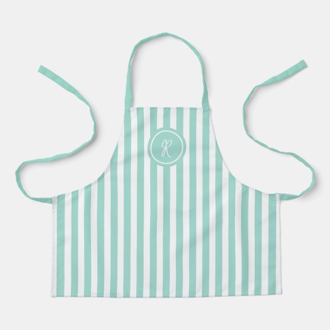 Mint French Beach Stripe Personalised Monogram  Apron (Front)