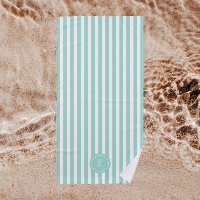 Mint French Beach Stripe Personalised Monogram Beach Towel (Creator Uploaded)