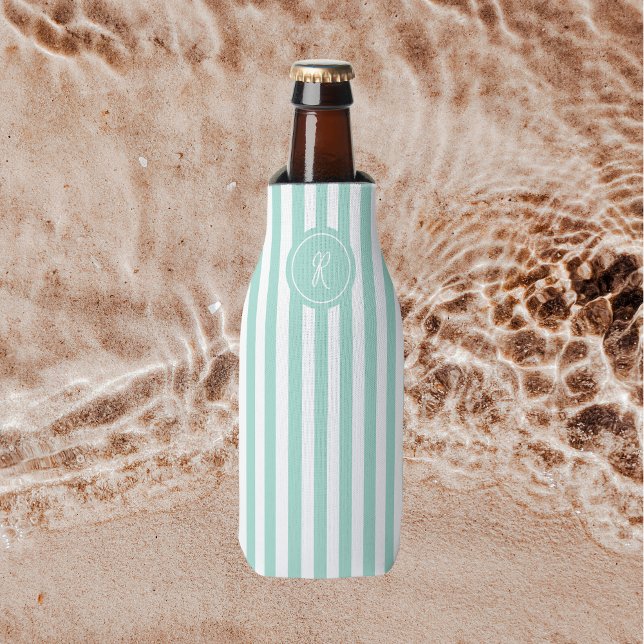 Mint French Beach Stripe Personalised Monogram Bottle Cooler (Creator Uploaded)