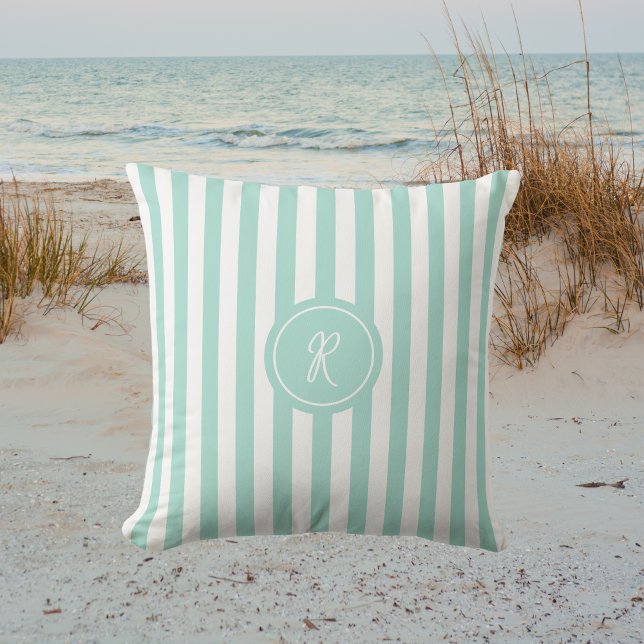Mint French Beach Stripe Personalised Monogram Cushion (Creator Uploaded)