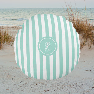 Mint French Beach Stripe Personalised Monogram Round Cushion