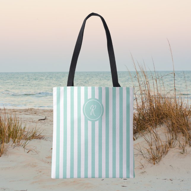 Mint French Beach Stripe Personalised Monogram Tote Bag (Creator Uploaded)