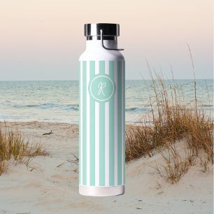 Mint French Beach Stripe Personalised Monogram Water Bottle