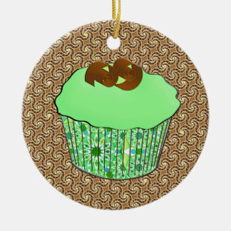 Mint Frosted Chocolate Cupcake, Fractal Background Ceramic Ornament