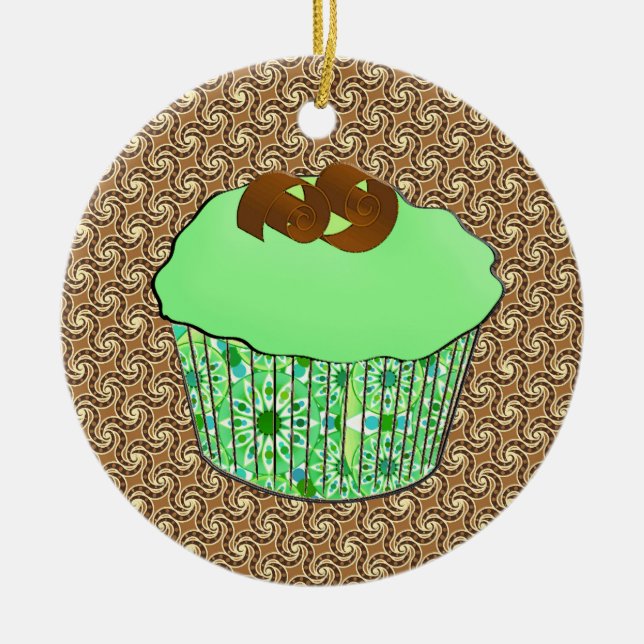 Mint Frosted Chocolate Cupcake, Fractal Background Ceramic Ornament (Front)