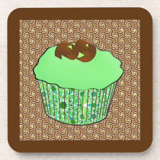 Mint Frosted Chocolate Cupcake, Fractal Background Coaster