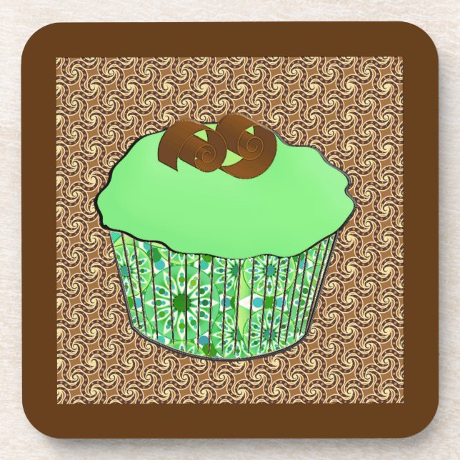 Mint Frosted Chocolate Cupcake, Fractal Background Coaster (Front)