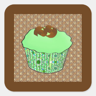 Mint Frosted Chocolate Cupcake, Fractal Background Square Sticker
