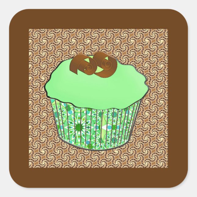 Mint Frosted Chocolate Cupcake, Fractal Background Square Sticker (Front)