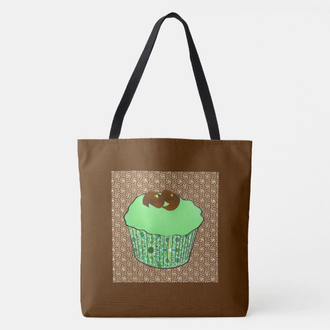 Mint Frosted Chocolate Cupcake, Fractal Background Tote Bag (Front)