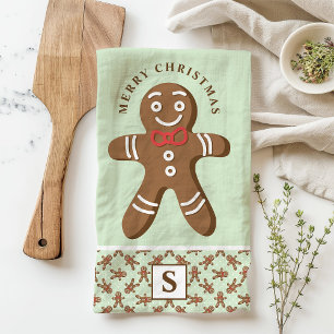 Mint Gingerbread Man Monogram Merry Christmas Tea Towel
