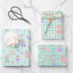 Mint Gingham Nutcracker Birthday Wrapping Paper Sheet