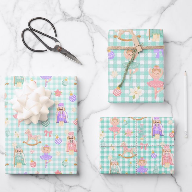 Mint Gingham Nutcracker Birthday Wrapping Paper Sheet (Front)