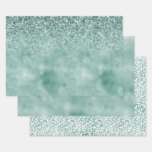 Mint Glam Glitter Glitz Wrapping Paper Sheet (Set)