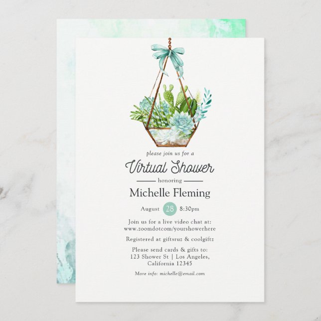 Mint Glass Terrarium Virtual Baby or Bridal Shower Invitation (Front/Back)