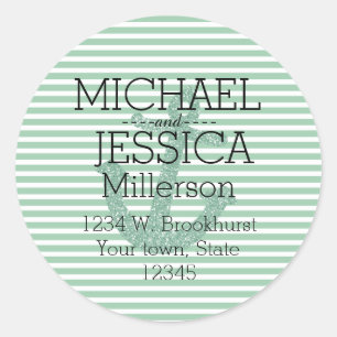 Mint Glitter Anchor Stripes Personalised address Classic Round Sticker