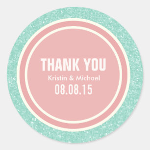 Mint Glitter & Coral Pink Thank You Round Stickers