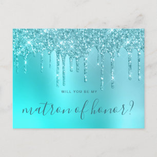 Mint glitter drips will you be my matron of honour invitation postcard