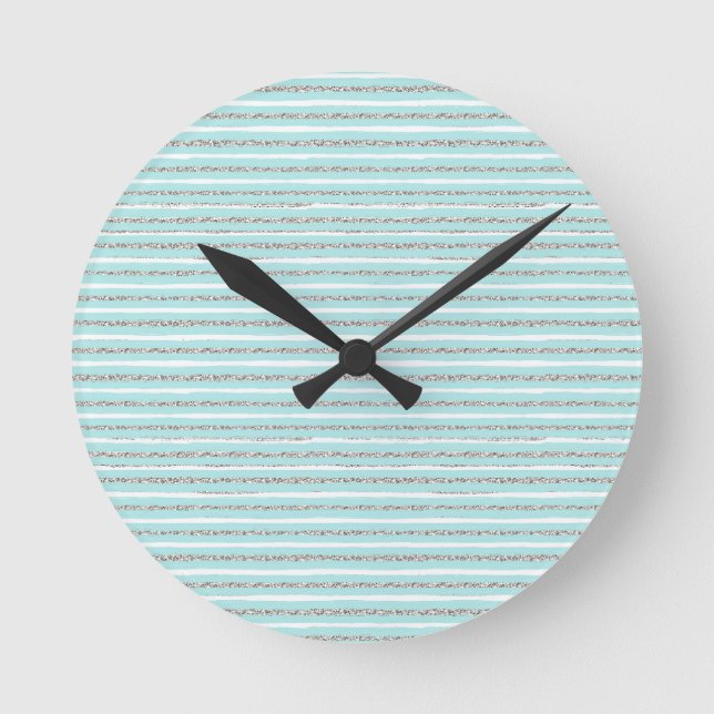 Mint Glitter Effect Stripe Pattern  Round Clock (Front)