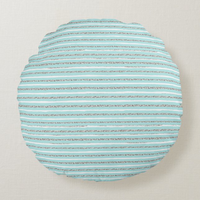 Mint Glitter Effect Stripe Pattern  Round Cushion (Front)