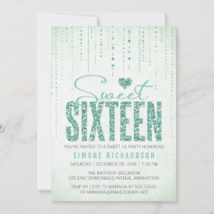 Mint Glitter Look Sweet 16 (Sixteen) Party Invitation