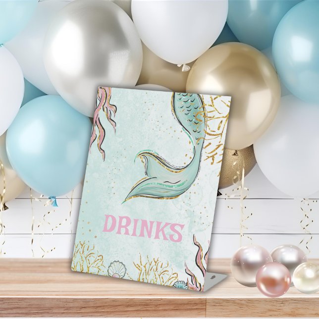 Mint Glitter Mermaid tail under the sea Drinks Pedestal Sign (Creator Uploaded)