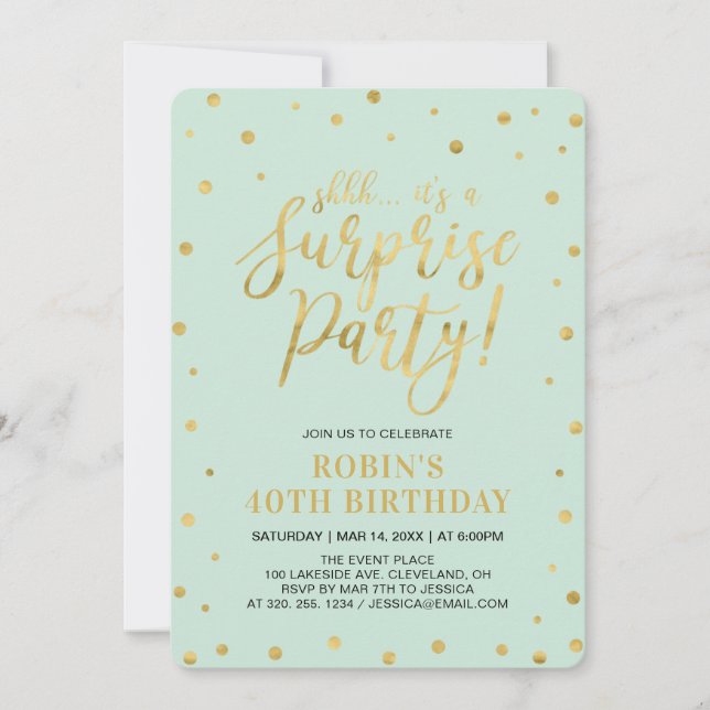 Mint & Gold | Adult 40th Surprise Birthday Party Invitation (Front)