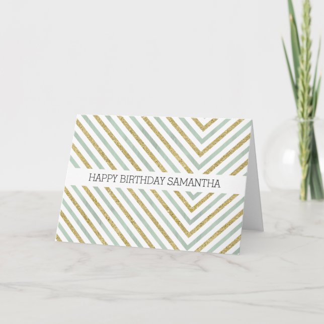 Mint Gold and White Chic Chevron Birthday Card (Front)