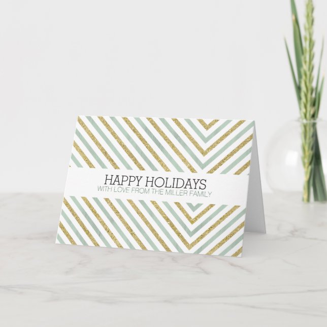 Mint Gold and White Chic Chevron Christmas Holiday Card (Front)