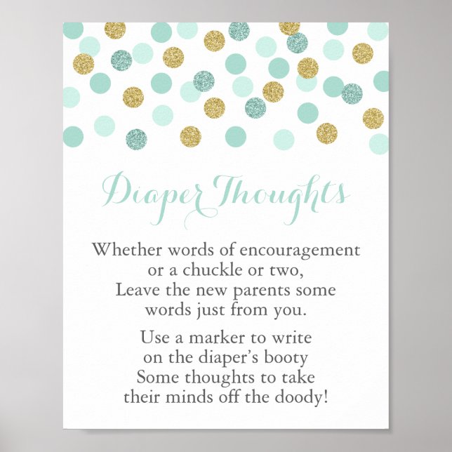 Mint & Gold Baby Shower Diaper Thoughts Game Sign (Front)