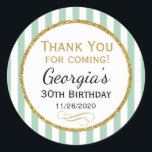 Mint Gold Birthday Thank You For Coming Favour Tag<br><div class="desc">Elegant birthday stickers featuring mint green and white stripes with sophisticated gold glitter accent frame. These fashionable and stylish birthday stickers will be a hit for any birthday party decor and as favour tags. Great for 21st 30th 35th 40th 45th 50th 55th 60th 65th 70th 75th 80th 85th 90th 95th,...</div>