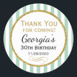 Mint Gold Birthday Thank You For Coming Favour Tag<br><div class="desc">Elegant birthday stickers featuring mint green and white stripes with sophisticated gold glitter accent frame. These fashionable and stylish birthday stickers will be a hit for any birthday party decor and as favour tags. Great for 21st 30th 35th 40th 45th 50th 55th 60th 65th 70th 75th 80th 85th 90th 95th,...</div>