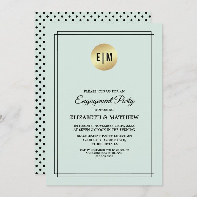Mint Gold  Black Polka Dot Pattern Engagement Invitation (Front/Back)
