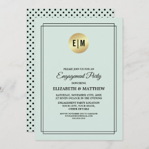 Mint Gold  Black Polka Dot Pattern Engagement Invitation