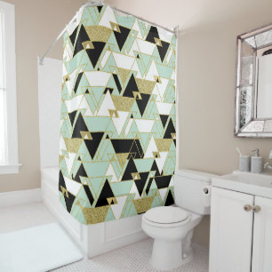Mint Gold Black White Boho Glam Triangles Pattern Shower Curtain