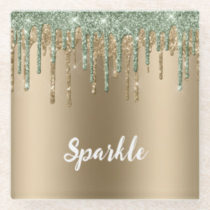 Mint Gold Bronze Glitter Drips Glass Coaster