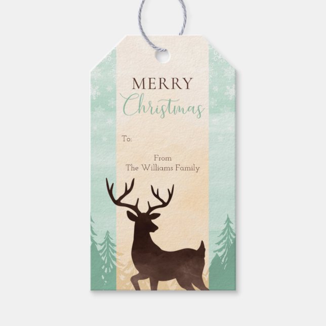 Mint Gold Brown Deer Woodland Christmas Gift Tag (Front)