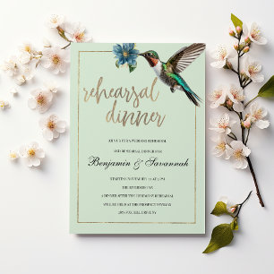 Mint gold colourful hummingbird Rehearsal Dinner  Invitation