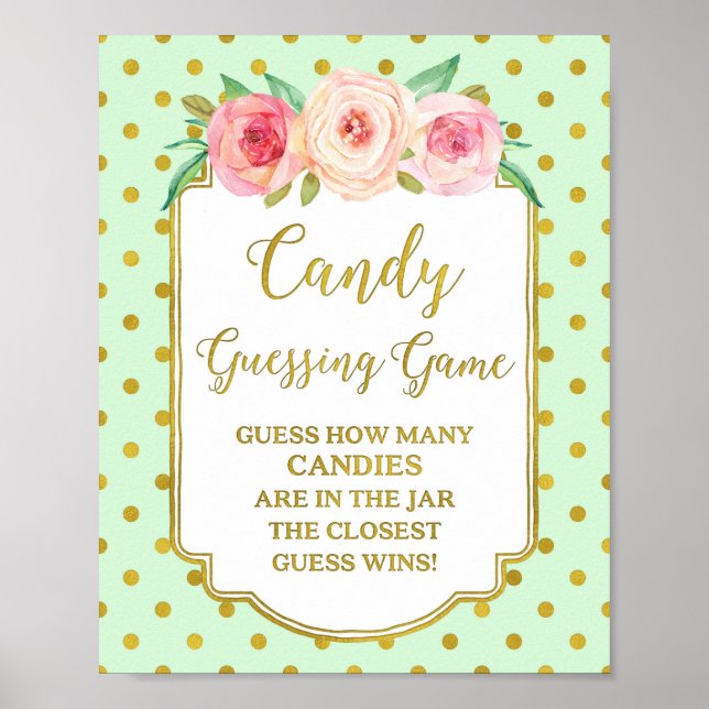 Mint Gold Dots Candy Guessing Game Sign (Front)