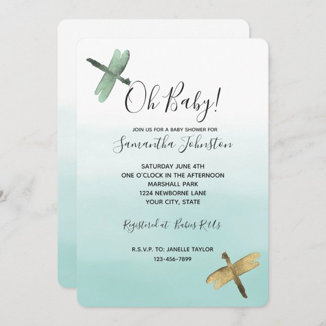 Mint Gold Dragonflies Ombre Watercolor Invitation (Front/Back)
