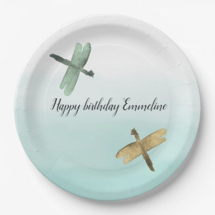 Mint Gold Dragonflies Ombre Watercolor Paper Plate