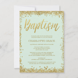 Mint Gold Faux Glitter Baptism Invitations