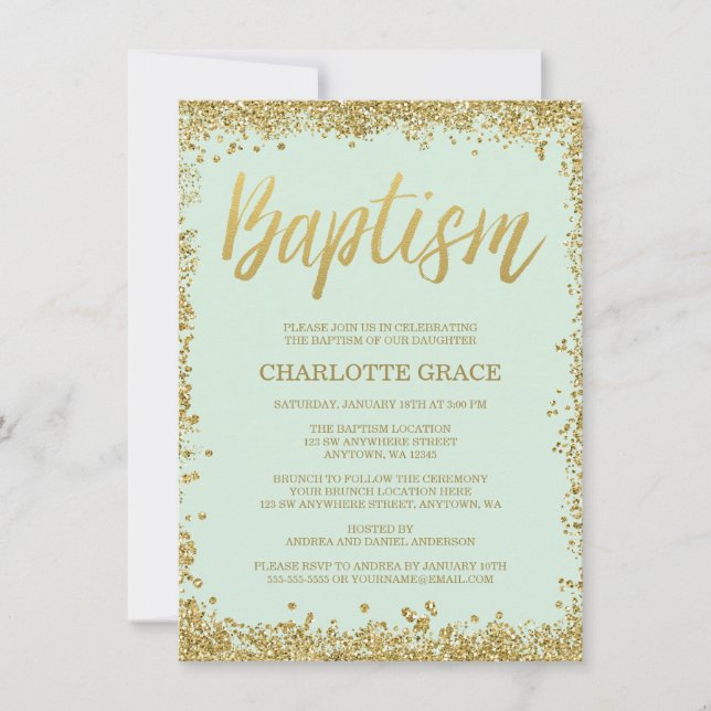 Mint Gold Faux Glitter Baptism Invitations (Front)