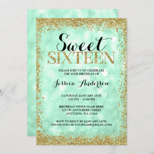 Mint Gold Faux Glitter Lights Sweet 16 Birthday Invitation
