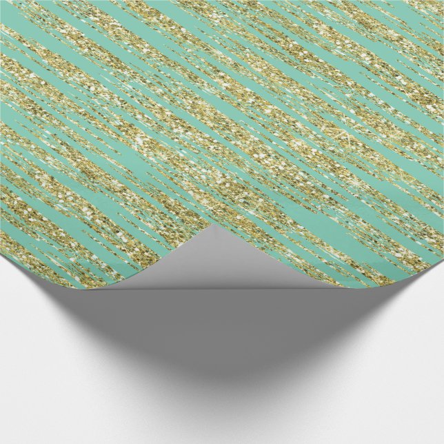 Mint Gold Faux Glitter Stripes Wrapping Paper (Corner)