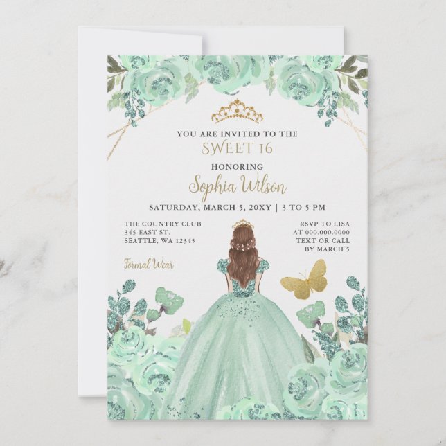 Mint Gold Floral Princess Butterfly Sweet 16 Invitation (Front)
